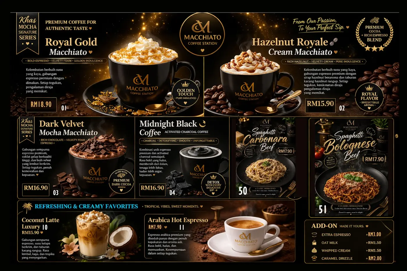 Macchiato Menu Board — Signature Drinks & Food